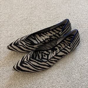 Rothys The Point Black Zebra Animal Print Knit Pointed Toe Flats Womens Sz US 9